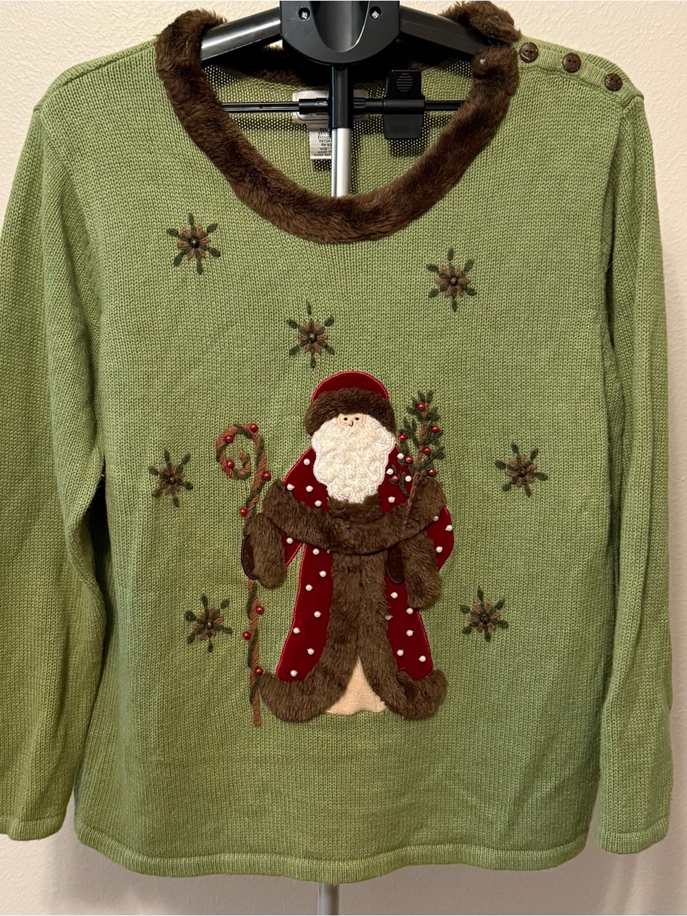 Green Santa AppliquΓ© Crewneck Sweater with Faux-Fur Trim